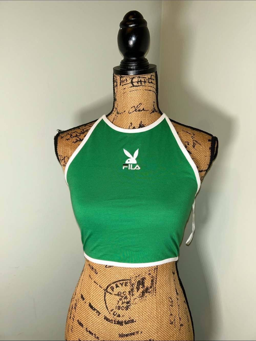 NWT Fila x Playboy Sandra Green Halter Crop Top White Trim S Baddie Y2K Bunny